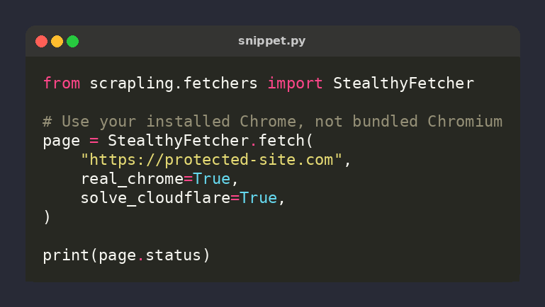 Scrapling_dev's tweet photo. 🕷️ Scrapling tip: real_chrome=True uses your installed Chrome instead of bundled Chromium

page = StealthyFetcher.fetch(
    url,
    real_chrome=True,
)

Vanilla Chromium lacks Chrome's proprietary codecs — WAFs notice. Real Chrome = authentic fingerprint ⚡ https://t.co/S3b7xWTjUj