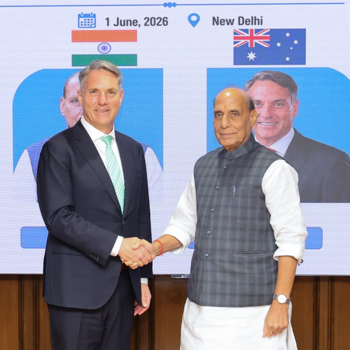 SpokespersonMoD's tweet photo. Raksha Mantri Shri @rajnathsingh and Australian Deputy Prime Minister & Defence Minister Mr @RichardMarlesMP co-chaired the 2nd #IndiaAustralia Defence Ministers’ Dialogue in New Delhi on  June 01, 2026. The Ministers reviewed progress in bilateral defence cooperation, advanced efforts to strengthen the defence & security partnership, and reaffirmed their shared commitment to a free, open, stable and prosperous Indo-Pacific. 

Read here: https://t.co/8nLttLKz2p