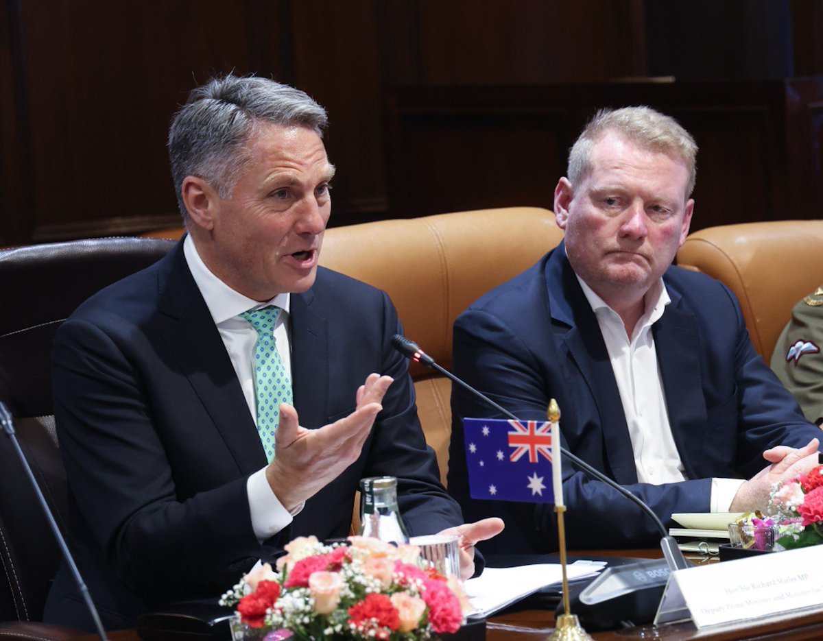 SpokespersonMoD's tweet photo. Raksha Mantri Shri @rajnathsingh and Australian Deputy Prime Minister & Defence Minister Mr @RichardMarlesMP co-chaired the 2nd #IndiaAustralia Defence Ministers’ Dialogue in New Delhi on  June 01, 2026. The Ministers reviewed progress in bilateral defence cooperation, advanced efforts to strengthen the defence & security partnership, and reaffirmed their shared commitment to a free, open, stable and prosperous Indo-Pacific. 

Read here: https://t.co/8nLttLKz2p
