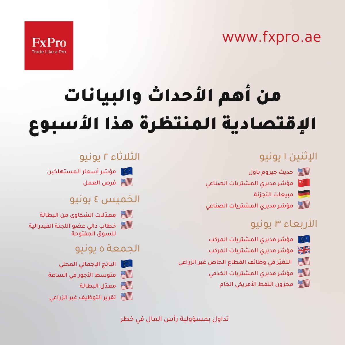 FxProArabia's tweet photo. إليكم أهم الأحداث و البيانات الاقتصادية المنتظرة لهذا الأسبوع 👇
بتوقيت الرياض

الاثنين 01 يونيو
🇺🇸 حديث جيروم باول ( 3h30 AM)
🇨🇳 مؤشر مديري المشتريات الصناعي ( 4h45 AM)
🇩🇪 مبيعات التجزئة ( 9h00 AM)
🇺🇸 مؤشر مديري المشتريات الصناعي ( 4h45 PM)

الثلاثاء 20 يونيو
🇪🇺 مؤشر أسعار المستهلكين ( 12h00 PM)
🇺🇸 فرص العمل ( 5h00 PM)

الأربعاء 3 يونيو
🇪🇺 مؤشر مديري المشتريات المركب ( 11h00 AM)
🇬🇧 مؤشر مديري المشتريات المركب ( 11h30 AM)
🇺🇸 التغيّر في وظائف القطاع الخاص غير الزراعي ( 3h15 PM)
🇺🇸 مؤشر مديري المشتريات الخدمي ( 5h00 PM)
🇺🇸 مخزون النفط الأمريكي الخام ( 5h30 PM)

الخميس 04 يونيو
🇺🇸 معدلات الشكاوى من البطالة ( 3h30 PM)
🇺🇸 خطاب دالي عضو اللجنة الفيدرالية للسوق المفتوحة ( 8h10 PM)

الجمعة 05 يونيو
🇪🇺 الناتج الاجمالي المحلي ( 12h00 PM)
🇺🇸 متوسط الأجور في الساعة ( 3h30 PM)
🇺🇸 معدل البطالة ( 3h30 PM)
🇺🇸 تقرير التوظيف غير الزراعي ( 3h30 PM)

#EconomicCalendar #MarketNews #تداول #بيانات_اقتصادية #فوركس #اقتصاد

* تداول بمسؤولية، رأس المال في خطر