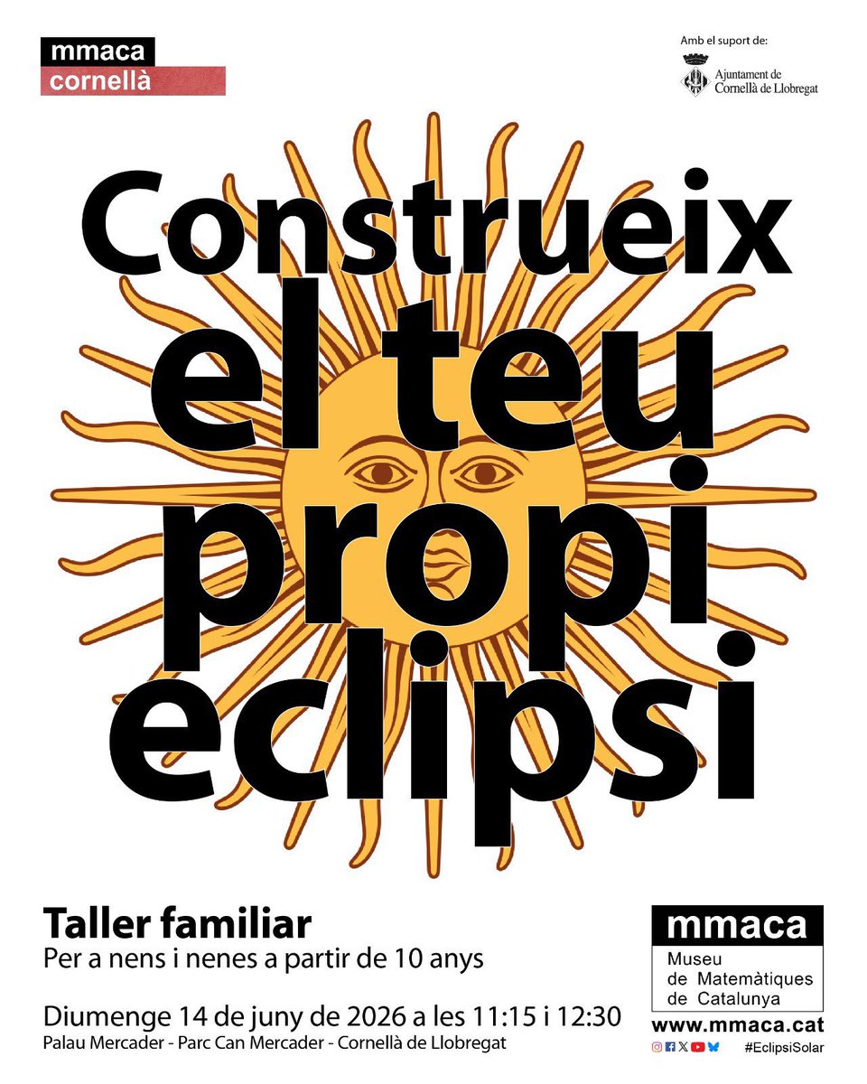 MMACA_cat's tweet photo. #mmacaCornellà   TALLER  “Construeix el teu propi elipsi”.
 
↗️ El proper diumenge 14 de juny a les 11:15 i les 12:30 h. al Parc de Can Mercader  (Cornellà de Llobregat)
A càrrec d'Enric Brasó Campderrós

🌞🧑‍🧑‍🧒🔭 Una proposta familiar per descobrir com funcionen els eclipsis.
 
Activitat recomanada per a infants a partir de 10 anys  
🧑‍🧑‍🧒 Activitat per a famílies amb infants a partir de 10 anys i qualsevol persona interessada.

🔷Amb motiu del gran fenomen astronòmic del pròxim 12 d’agost, quan es podrà observar un eclipsi total de Sol, al MMACA hem preparat una activitat especial oberta al públic.

🔷En aquesta proposta, els participants construiran un model a escala del sistema Terra - Lluna que permetrà comprendre de manera visual i pràctica les proporcions tireals i els moviments d’aquests cossos celestes.
🔗 Reserva de places a   https://t.co/7GURtnpLap 
 
#mmaca #mmacacornellà #EclipsiSolar #queferaCornellà @ambcdecornella #ajuntamentCornellà