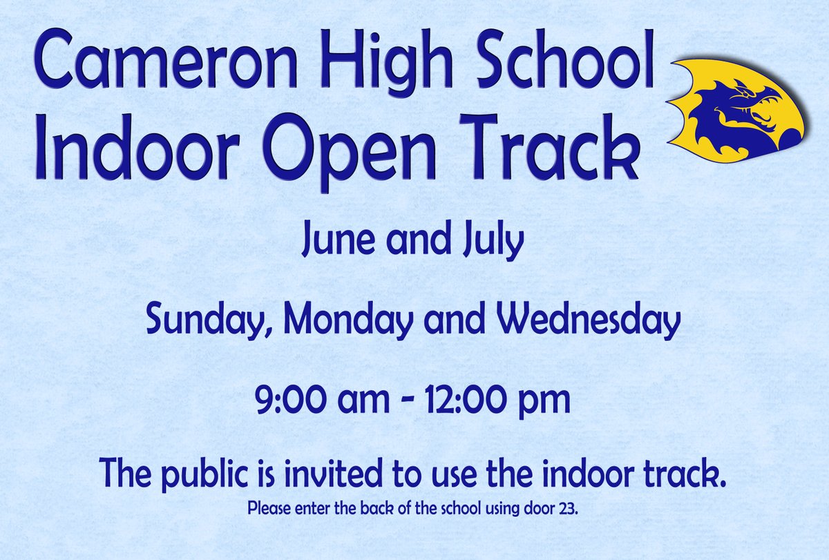 MCSWV's tweet photo. UPDATE: Cameron High School’s indoor open track is expanding to include every Sunday, Monday and Wednesday, from 9:00 am until 12:00 pm, during June and July. Please enter the back of the school using door 23. Everyone is welcome. https://t.co/jEXlJXNStQ