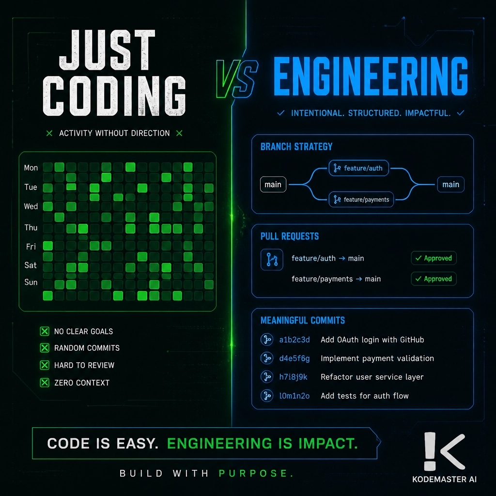 KodeMasterAI's tweet photo. Your GitHub "Green Squares" might be lying. 🟩

Recruiters want quality workflow, not frequency. 🚩

✅ Atomic commits
✅ Descriptive PRs
✅ Explain the WHY

Stop counting squares. Start building systems. 🚀

#GitHub #CareerTips #Coding #KodeMasterAI https://t.co/2e97DS82VY