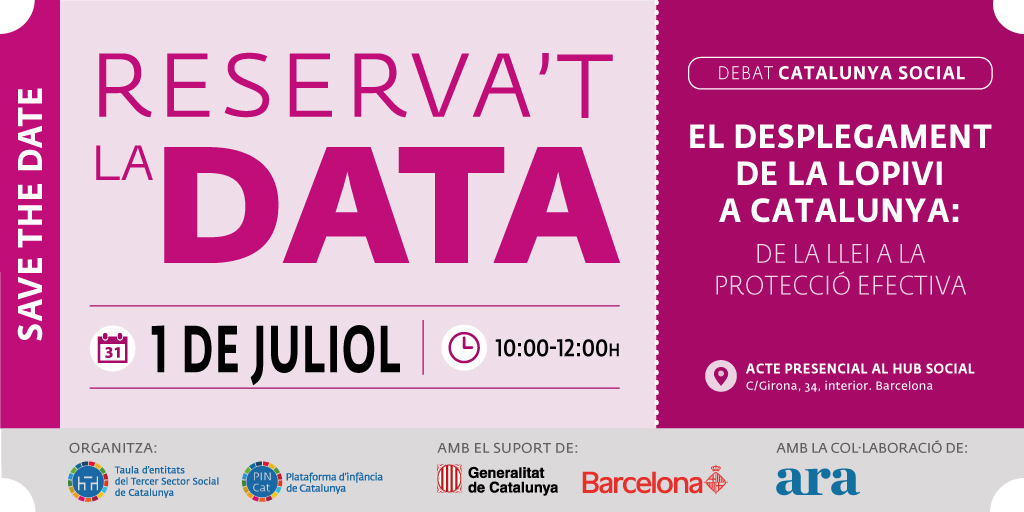 pincatinfancia's tweet photo. ⚪ Reserva't la data!

L'1/7, nou debat #CatalunyaSocial sobre el desplegament de la LOPIVI a Catalunya.

El nou dossier, elaborat amb @FEDAIA, analitza els avenços i reptes en la seva aplicació.

📍 @hubsocialbcn

Inscripcions obertes: https://t.co/xHBf8YT4ex @Taula3sector https://t.co/q0C2vRifET