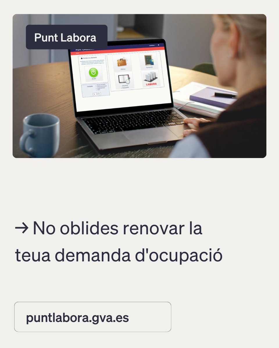 GVAlabora's tweet photo. 🔔 ✅ Per a continuar buscant ocupació amb tots els avantatges de Labora, recorda renovar la teua demanda abans de la data límit. 👉 Pots fer-ho de diverses formes:
📱 De manera en línia en l'App o web https://t.co/YeOXArbxfP amb el teu codi PIN del DARDE.
📞 Per telèfon: 012 o 963 866 000.
🏢 o de manera presencial en qualsevol Espai Labora.
📌 No deixes passar la teua data. Mantingues la teua demanda activa.
✅ Consulta el teu DARDE per a confirmar la pròxima data. En Punt Labora, el teu estat ha de figurar com a ALTA.
#SomLabora