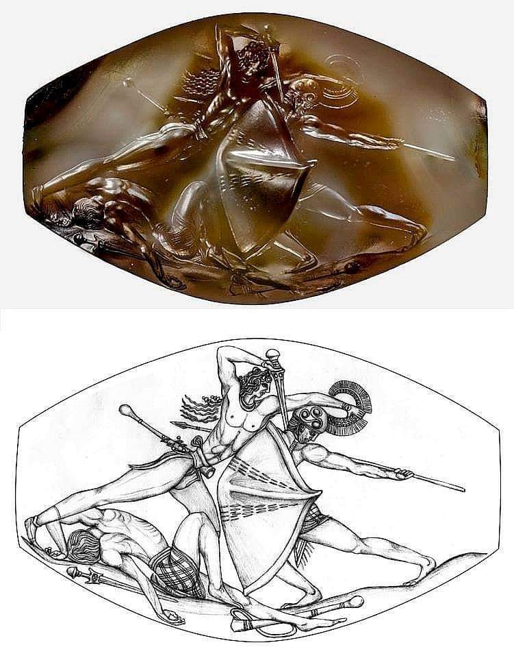 seld_on's tweet photo. A more interesting question than how they achieved realism is how they managed to carve this gem at all. The sealstone is only 34 mm long. The finer details are close to the limit of what is even resolvable by the human eye.

Which suggests the existence of (a) magnifying lenses and (b) stonecarving tools of commensurate size in an era without sophisticated iron metallurgy. I know fairly little about primitive stoneworking tools in particular, but another interesting thing to note is that agate tends to be somewhat harder than bronze.