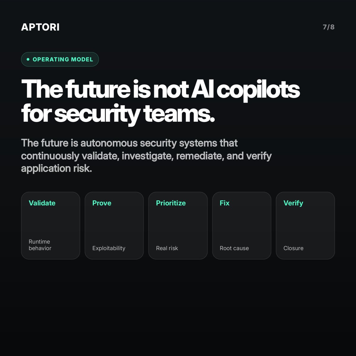 AptoriDev's tweet photo. The future of AppSec is not AI-generated summaries of your backlog.
It is autonomous security operations that validate risk, assist with remediation at machine speed, and verify closure.
#AgenticSecurity #AppSec #RuntimeSecurity #AIAgents #Aptori https://t.co/k6n6ejK4bn