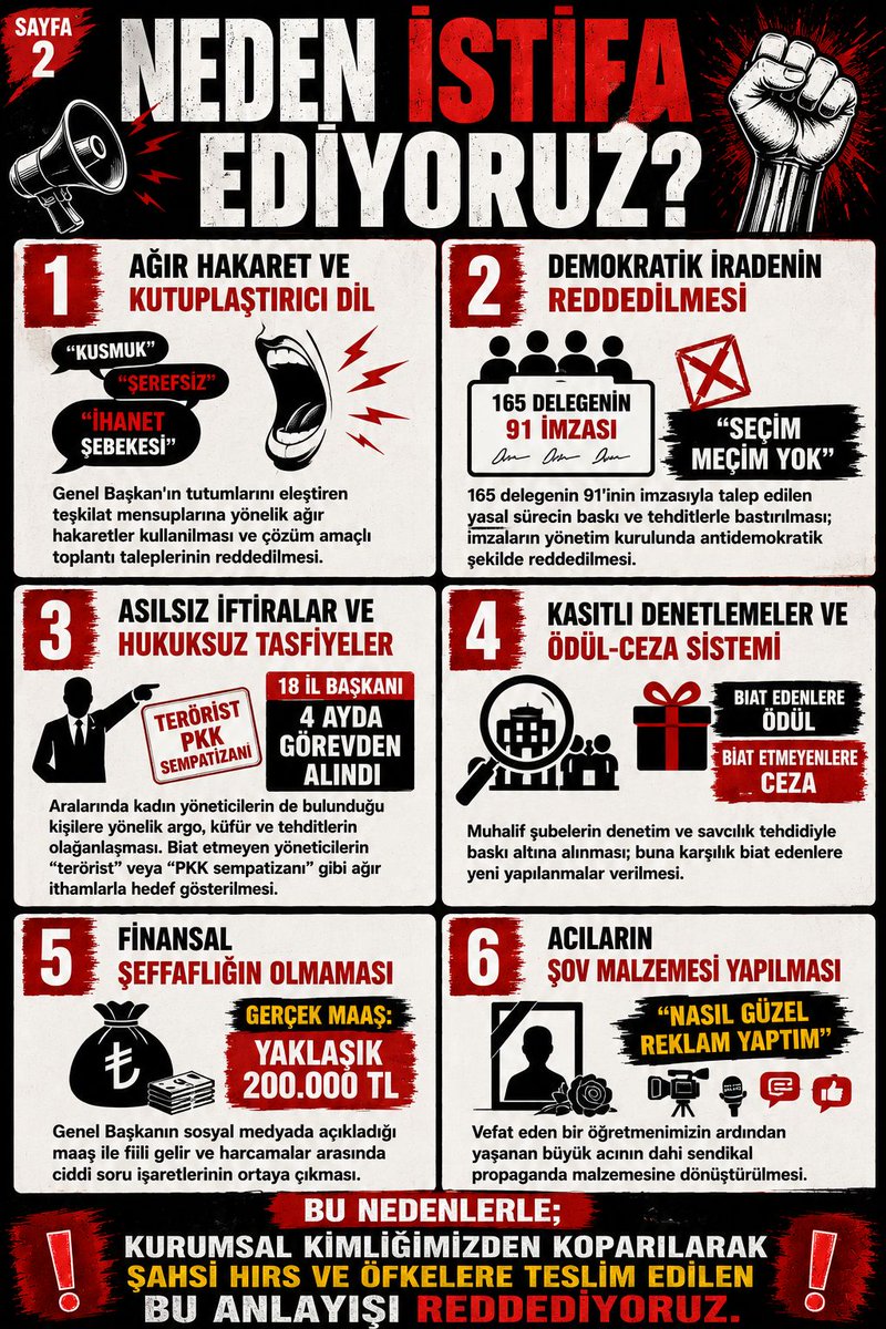 ismailAkdag80's tweet photo. EĞİTİM GÜCÜ SEN’DE DEPREM: Baskı, Hakaret ve Zorbalığa Karşı Toplu İstifa!
Kamuoyuna duyurulur: 
Değerli Eğitim Gücü Sen Ailesi,
Bizler; kuruluşunda gecemizi gündüzümüze kattığımız sendikamızın, ortak akıl ve demokrasiden uzaklaşarak zorba bir yönetim anlayışına teslim olması nedeniyle görevlerimizden ve Eğitim Gücü Sen üyeliğinden istifa ettiğimizi kamuoyuna saygıyla duyururuz.
Aylardır yürüttüğümüz hukuki ve demokratik çabalara rağmen, Genel Başkan’ın “yetki bende, güç bende” diyerek uyguladığı baskılar, teşkilatımızı onarılamaz bir noktaya getirmiştir. Bizleri bu karara mecbur bırakan sürecin temel nedenleri şunlardır:
Ağır Hakaret ve Kutuplaştırıcı Dil: Genel Başkan'ın tutumlarını eleştiren teşkilat mensuplarına yönelik "kusmuk", "şerefsiz", "ihanet şebekesi" gibi ağır hakaretler kullanması ve çözüm amaçlı toplantı taleplerini reddetmesi.
Demokratik İradenin Reddedilmesi: 165 delegenin 91’inin imzasıyla talep edilen yasal sürecin, baskı ve tehditlerle bastırılması; imzaların yönetim kurulunda antidemokratik bir şekilde reddedilerek "Seçim meçim yok" anlayışının dayatılması.
Asılsız İftiralar ve Hukuksuz Tasfiyeler: Aralarında kadın yöneticilerin de bulunduğu kişilere yönelik argo, küfür ve tehditlerin olağanlaşması. Biat etmeyen yöneticilerin "terörist" veya "PKK sempatizanı" gibi korkunç iftiralarla hedef gösterilmesi ve bugüne kadar 17 il başkanının görevden alınması.
Kasıtlı Denetlemeler ve Ödül-Ceza Sistemi: Muhalif şubeleri susturmak amacıyla kasıtlı denetlemeler gönderilip savcılıkla tehdit edilmesi; buna karşılık yönetime boyun eğenlere yeni iller bağlanarak sendikal imtiyazlar dağıtılması.
Finansal Şeffaflığın Olmaması: Teşkilattan kesilen aidatların; Genel Başkan'ın iddia edilenin çok üzerindeki gelirine (ek dersler ve 70 bin TL huzur hakkı dâhil), ev kirasına ve otellerdeki kişisel harcamalarına aktarıldığının ortaya çıkması.
Acıların Şov Malzemesi Yapılması: Vefat eden bir öğretmenimizin ardından yaşanan büyük acının dahi Genel Başkan tarafından "Nasıl güzel reklam yaptım" denilerek bir şov malzemesine dönüştürülmesi.
SONUÇ
Aylardır süren bu korku, biat, iftira ve tasfiye düzenini; sendikanın kurumsal kimliğinden koparılarak şahsi hırs ve öfkelere kurban edilmesini ahlaken, vicdanen ve sendikal ilkelerimiz gereği reddediyoruz. Tüm bu nedenlerle görevlerimizden ve sendika üyeliğinden ayrıldığımızı kamuoyunun bilgisine sunarız.
#İstifaEdiyoruz