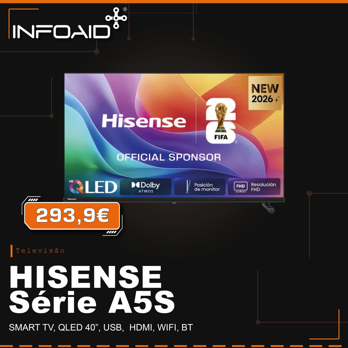 infoaid_pt's tweet photo. 📺✨ Hisense 40A5S ✨📺

🖥️ Ecrã 40” Full HD (1920x1080)
🌈 Tecnologia Quantum Dot (Hi-QLED)
📡 Smart TV VIDAA – acesso rápido às tuas aplicações favoritas

Desfruta dos teus conteúdos favoritos com mais qualidade, cor e detalhe.

🔸https://t.co/3o6MJr3Vcc https://t.co/wLFSJlvrnX