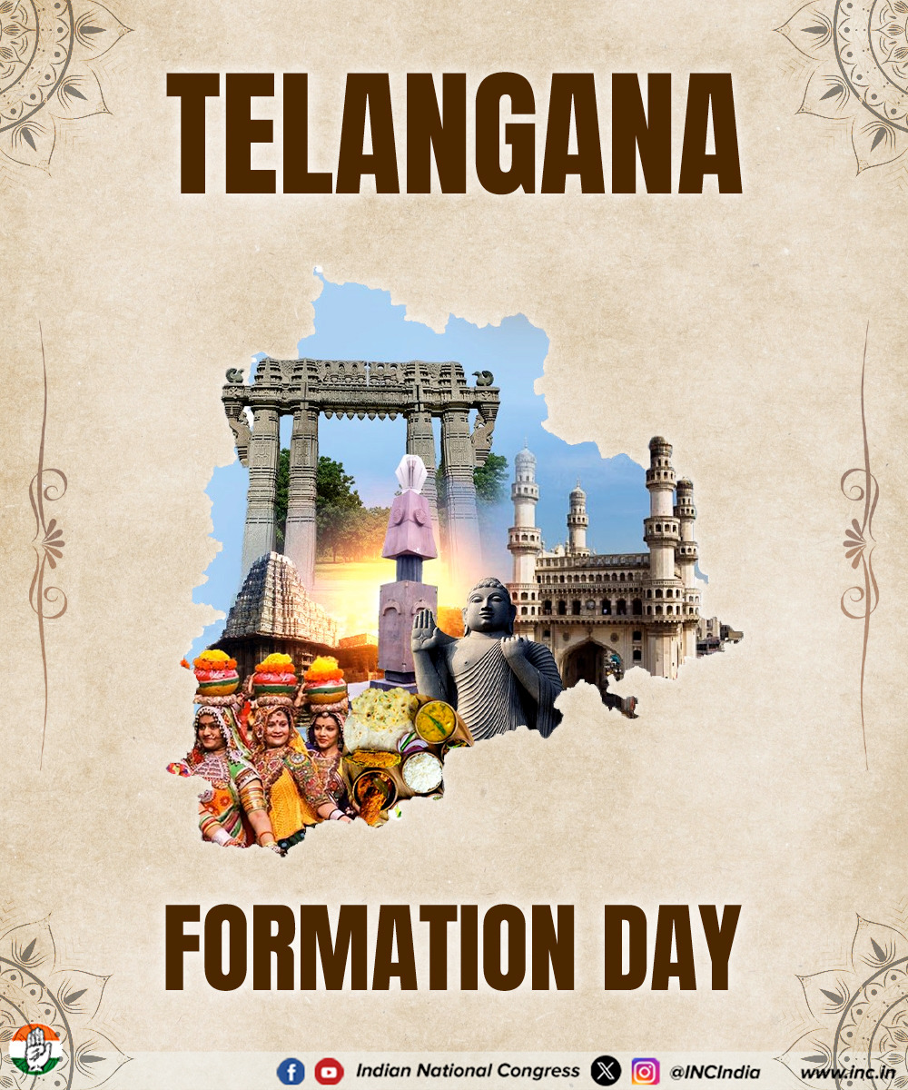 INCIndia's tweet photo. On Telangana Formation Day, we cherish the spirit and resilience of India's youngest state. 

The Congress family salutes the people of the state and reaffirms its commitment to protecting harmony, constitutional values and the identity that makes truly unique. https://t.co/CqOGrFn7xZ