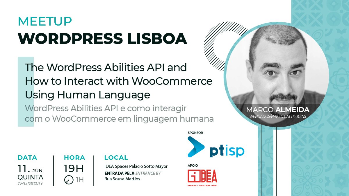 MarcoAlmeidaPT's tweet photo. I will be speaking at the next #WordPress Lisboa Meetup - June 11, 19:00

"The WP Abilities API and How to Interact with #WooCommerce Using Human Language"

Free sign-up at https://t.co/K5tf2exRAn

Join us! (even if it's only for the grilled chicken at dinner) https://t.co/8yELjo5HQY