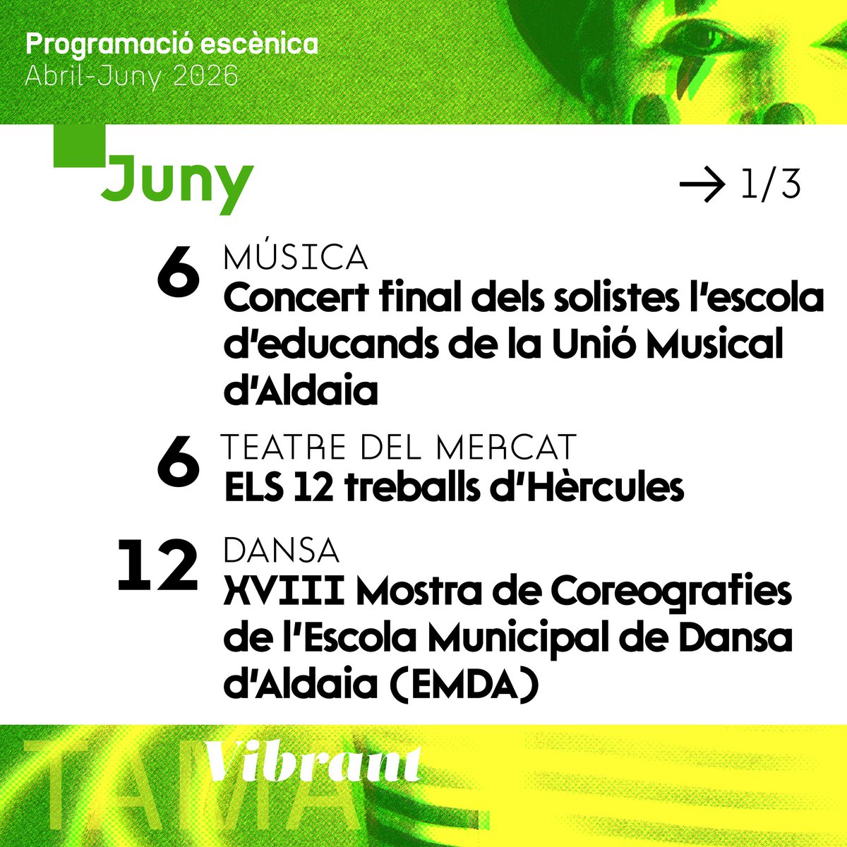 TAMALDAIA's tweet photo. 🌞 Juny al TAMA

La programació escènica continua omplint Aldaia de música, dansa i cultura. Guarda't les dates i acompanya'ns en un mes ple de propostes per a tots els públics.

🎟️ Taquilla i giglon (https://t.co/HCJXhKyHXI)

#TAMAvibrant @Ajuntaldaia https://t.co/wkExKOuzy8