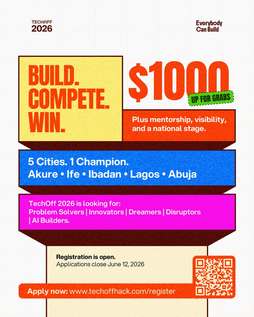 techoffhack's tweet photo. 1 show.
5 cities.
Multiple challenges.

But only one builder and their city will be crowned champion🏆

$1,000 is on the line, alongside visibility, mentorship, and a national platform to showcase what you’re building.

Apply now and here: https://t.co/ubnAlQP575

Tick-tock ⏳ https://t.co/N7DKJRfxjN
