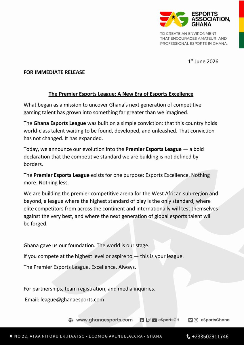esportsGhana's tweet photo. Ghana gave us our foundation. The world is our stage. 🇬🇭✨

The Ghana Esports League has officially evolved into the Premier Esports League—a borderless arena dedicated entirely to Esports Excellence. If you compete at the highest level, this is your league.

📧 Contact: league@ghanaesports.com

#PEL #EsportsGH #Gaming #WestAfricaEsports #ExcellenceAlways
