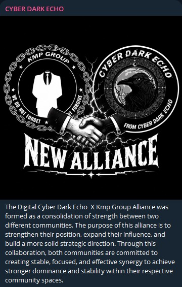 FalconFeedsio's tweet photo. 🚨Alert: New Hacktivist Alliance🚨

Cyber Dark Echo and Kmp Group have officially announced a new alliance. https://t.co/2Q8WblUJFP