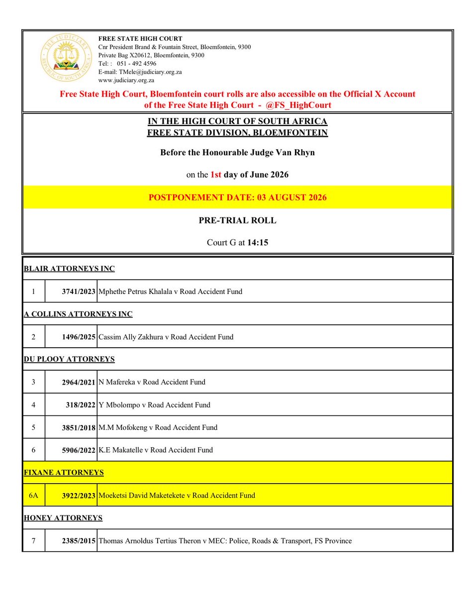FS_HighCourt's tweet photo. Pre-trial Roll
01 June 2026. https://t.co/uZqeFN1p3H