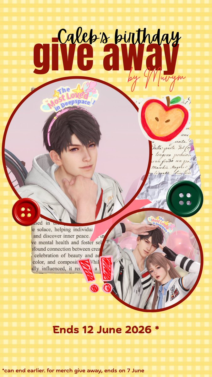 muvym's tweet photo. 𝗴𝗶𝘃𝗲 𝗮𝘄𝗮𝘆 𝗮𝗹𝗲𝗿𝘁 ‼️
#JUNELEB is here! to celebrate his birthday, I want to hold a give away, all ladstwt especially 🍎 girlie can join
🎁 𝙥𝙧𝙞𝙯𝙚
aurum pass x 3
secret promise x 1 (🍎 girlie only)
🪷 local caleb girlie only
fan made doll x 3 winners
official merch wanda x lads laser ticket x 1 winner
official merch caleb bday 2025 benefit x 1 winner
official merch caleb bday 2025 polaroid x 1 winner
official merch caleb bday 2025 badges x 2 winners
❓how to join
- this give away is for followers only
- rt & like this post
- reply with picture of ur MC with Caleb
- reply with good wishes for Caleb or general wishes about anything are also ok. put hashtag #CALEBBDAY2026
- (optional) for 🍎 girlie only, reply with affinity with caleb. minimum aff 100 OR if ur affinity is below 100, he should be ur highest or second highest affinity
- (optional) for local 🍎 girlie who join merchandise give away, please fill this form & attach proof of form submission
🚫 🍎🍏 cn trope haters
🚫 GA hunters
🚫 fake screenshots
‼️ i’ll check ur account
𝙙𝙚𝙖𝙙𝙡𝙞𝙣𝙚
12 June 2026 for aurum pass & sec prom
7 June 2026 for merch give away
goodluck everyone🤍✨