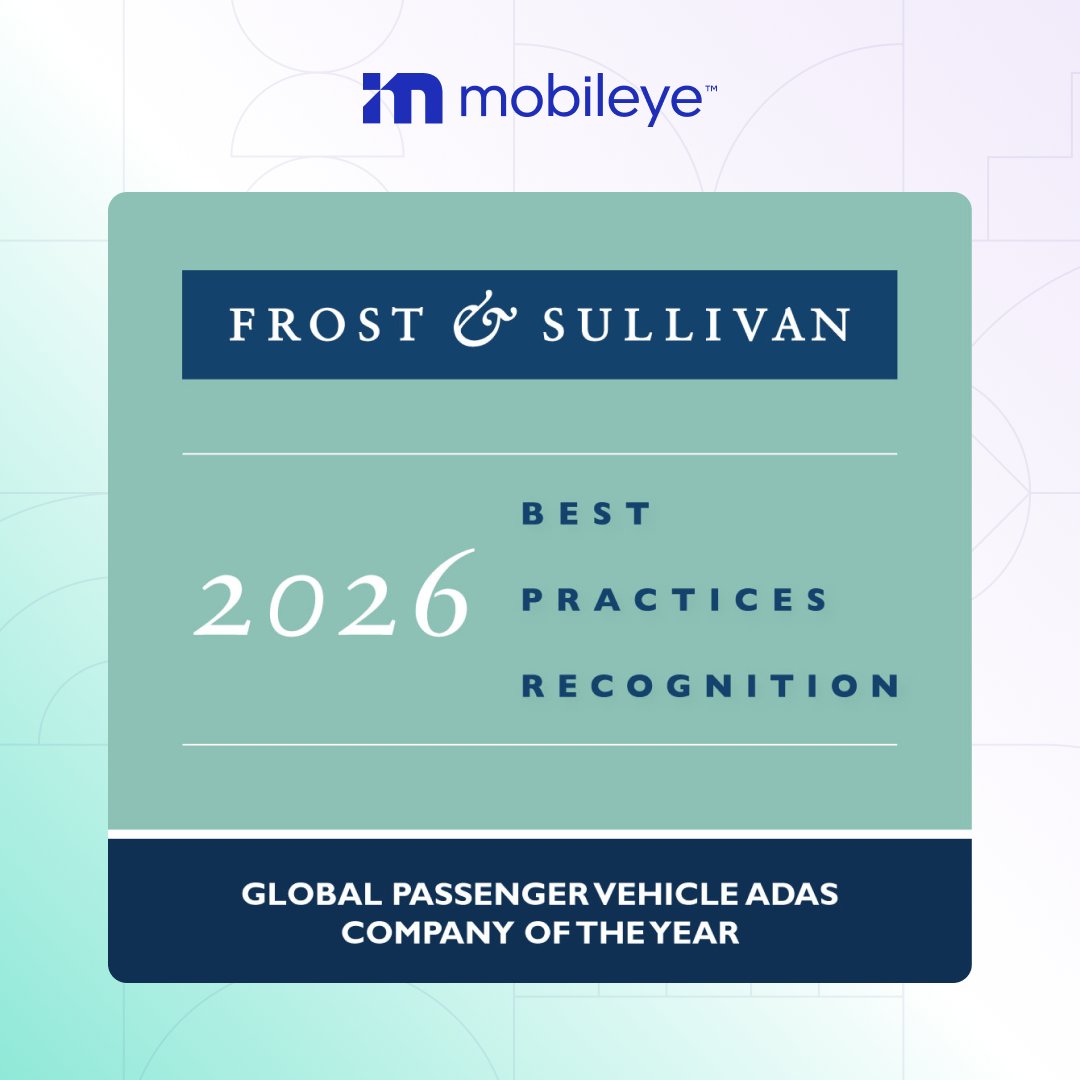 Mobileye's tweet photo. Mobileye is honored to be named @Frost_Sullivan's 2026 Global Company of the Year in the Passenger Vehicle ADAS industry for the Excellence in Best Practices category. The recognition highlights our leadership in AI‑powered ADAS solutions that address the evolving safety and scalability needs of global automakers. 

Frost & Sullivan’s analysis found that Mobileye stands out in ADAS by delivering across four critical requirements – scalable architecture, cost discipline, safety credibility, and real‑world validation – through a shared technology backbone spanning from base ADAS to full autonomy.

Proud to help advance safer driving at global scale. 

Read more here: https://t.co/zJljEYY9qq