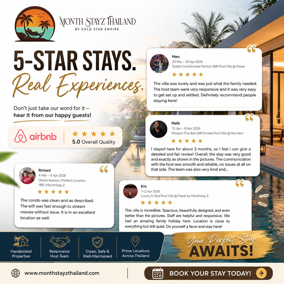 MonthStayz's tweet photo. POV: You book a stay in Thailand and it turns out even better than the photos. 😍🇹🇭

⭐⭐⭐⭐⭐ "The villa was lovely and exactly what our family needed."
⭐⭐⭐⭐⭐ "The communication was smooth and reliable."
⭐⭐⭐⭐⭐ "Better than the pictures."
Real Airbnb reviews. Real guests. Real experiences.
Whether you're planning a family holiday, a workcation, or a tropical escape, we've got the perfect stay waiting for you. 🌴✨

Book your next Thailand getaway 👇
🌐 https://t.co/IlxCpGKTu8

#ThailandTravel #PhuketVilla #PattayaVacation #LuxuryStay #AirbnbReview #TravelTok #TravelX #VacationMode #RemoteWork #DigitalNomadLife #BeachLife #LuxuryVacation #ThailandTrip #TravelInspiration #MonthstayzThailand