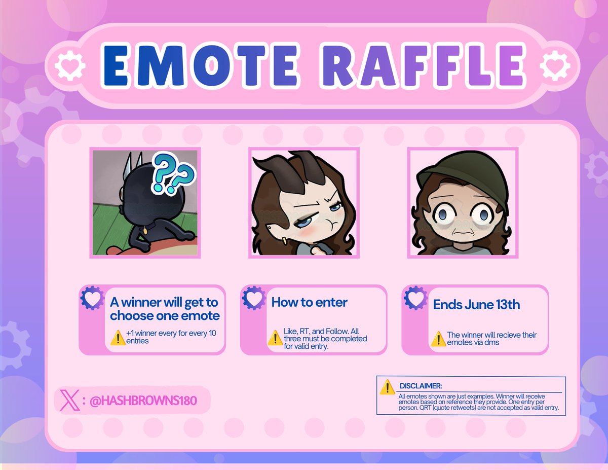 hashbrowns180's tweet photo. NEW EMOTE RAFFLE:
 
Alright. All you have to do is like, RT, and Follow to enter (QRTs don't count). The raffle ends June 13th. There will be an announcement when a winner is chosen. 

-Good luck, 
I hope you win. https://t.co/4E71XlFv0q