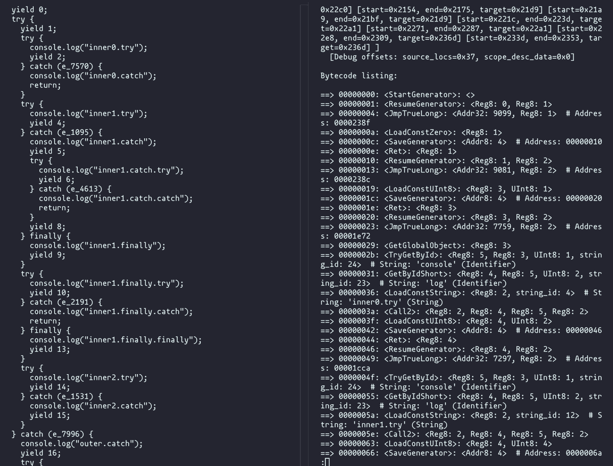 nullableVoidPtr's tweet photo. In celebration of Static Hermes, here is Hermes bytecode decompilation using SSA represented in JS AST/IR and pattern matching https://t.co/QezgQbmkEp