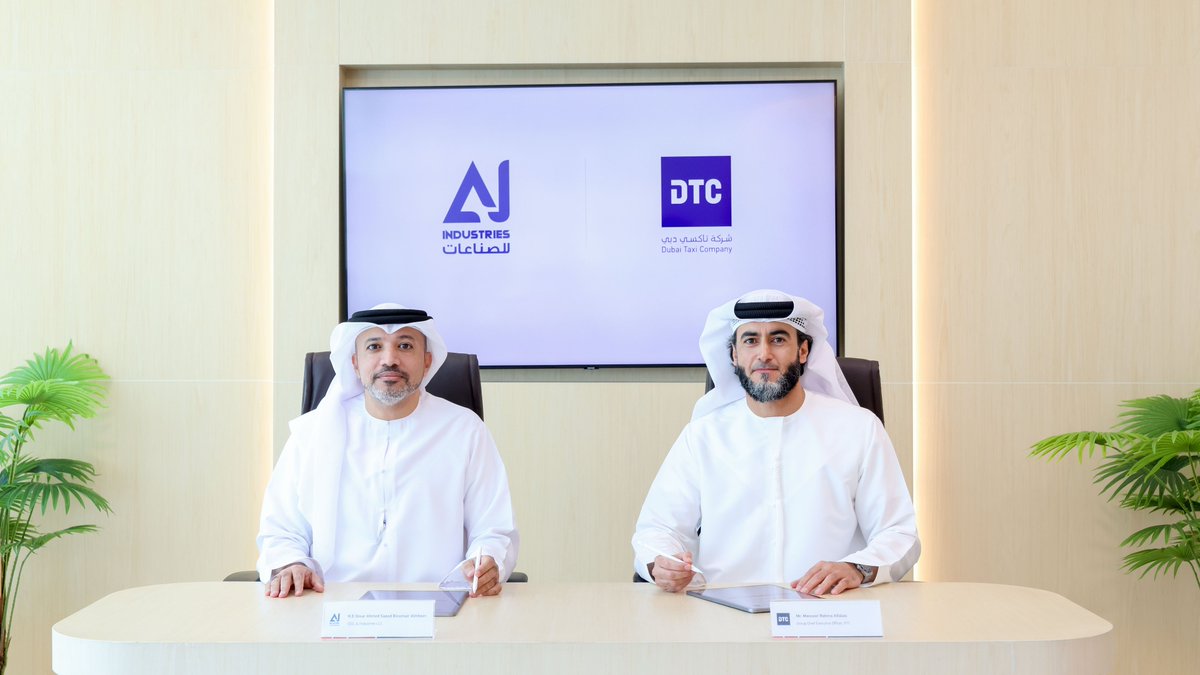 DXBMediaOffice's tweet photo. Dubai Taxi Company (DTC) signs a Memorandum of Understanding with AJ Industries, a leading provider of sustainable and innovative automotive solutions in Ajman, to explore opportunities for a strategic partnership aimed at expanding mobility services in the Emirate of Ajman. https://t.co/W4jqiMg8Lz