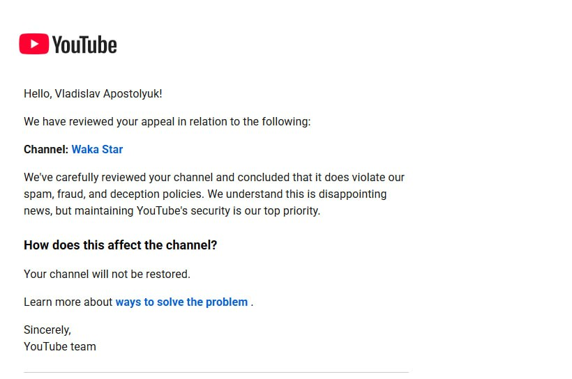 platonkin28730's tweet photo. @TeamYouTube
Hello, my channel Waka Star has been blocked! I suspect there may have been an error or incorrect automatic verification. The channel was already restored, but it was blocked again a few hours later. https://t.co/NZ07hsJEp6 https://t.co/0dixlVFMzq