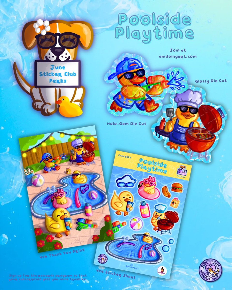 emdoingart's tweet photo. POOLSIDE PLAYTIME is officially here! ☀️💦🛟

This month’s emdoingart Sticker Club perks are about sunny memories, poolside snacks, floaties and cute little duckies having the best summer ever.

Only at https://t.co/ddWhA7KR9C https://t.co/US2kxG2qfO