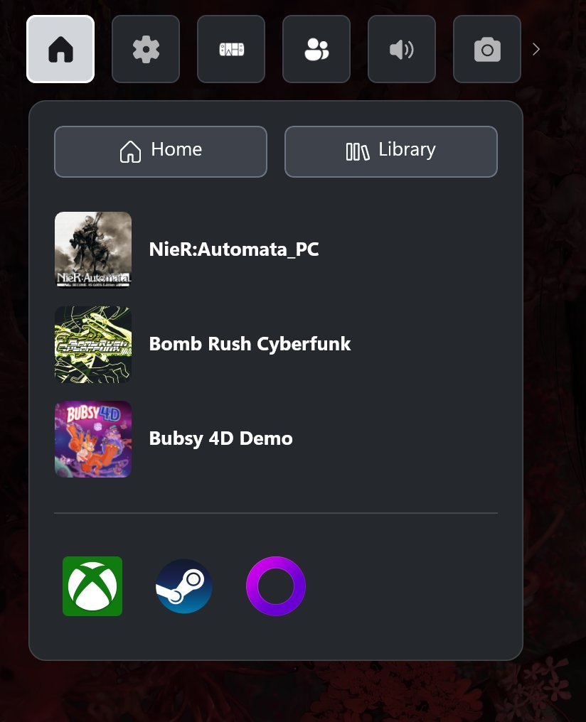 DeclanTalbert's tweet photo. Hey @WinhancedApp I was wondering if we can get a 'Home' or 'Library' button in the gamebar app like the XBOX one. When I close the app can easily open it again with a controller. This also helps when on desktop mode too, as I don't need to use the start menu or system tray icon https://t.co/tyrry2H07Q