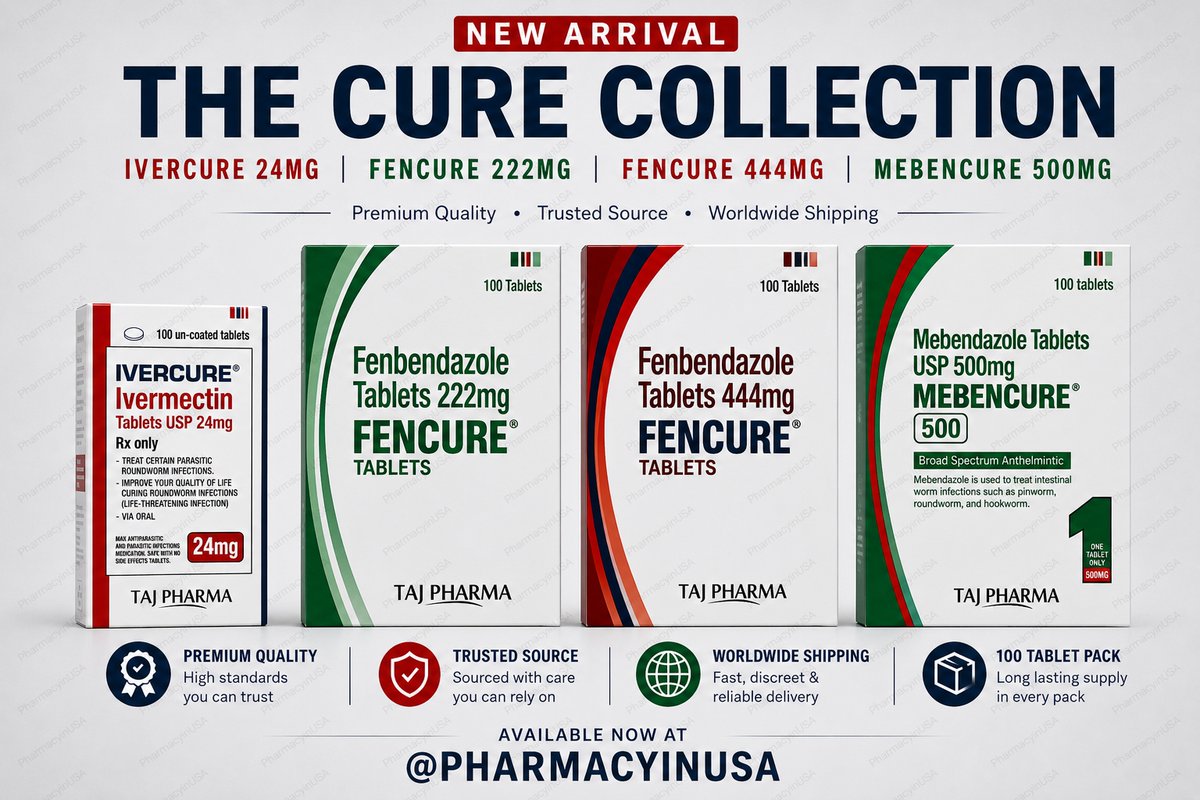 pharmacyinusa's tweet photo. 🚨 NEW ARRIVAL: THE CURE COLLECTION IS NOW LIVE.

Over the last few years, three names have completely taken over the conversation around repurposed medicine:

- Ivermectin.
- Fenbendazole.
- Mebendazole.

Not because they were heavily promoted.

Because people kept hearing the same stories over and over again.

Podcasts.
Research papers.
Patient testimonials.
Cancer discussions.
Parasite protocols.

No matter how controversial these compounds became, people never stopped looking into them for themselves.

That’s why we created “THE CURE COLLECTION.”

✅ Ivercure 12, 24, and 40mg
✅ Fencure 222mg
✅ Fencure 444mg
✅ Mebencure 500mg

100 tablet packs.
Premium quality.
Trusted sourcing.
Fast worldwide shipping.

One thing we kept hearing was simple:

“Where do I actually get these from?”

That’s exactly why thousands now choose @PharmacyinUSA.

Reliable products.
24/7 Live human support
Discreet worldwide delivery.

The Cure Collection is now available.

Everything in one place.