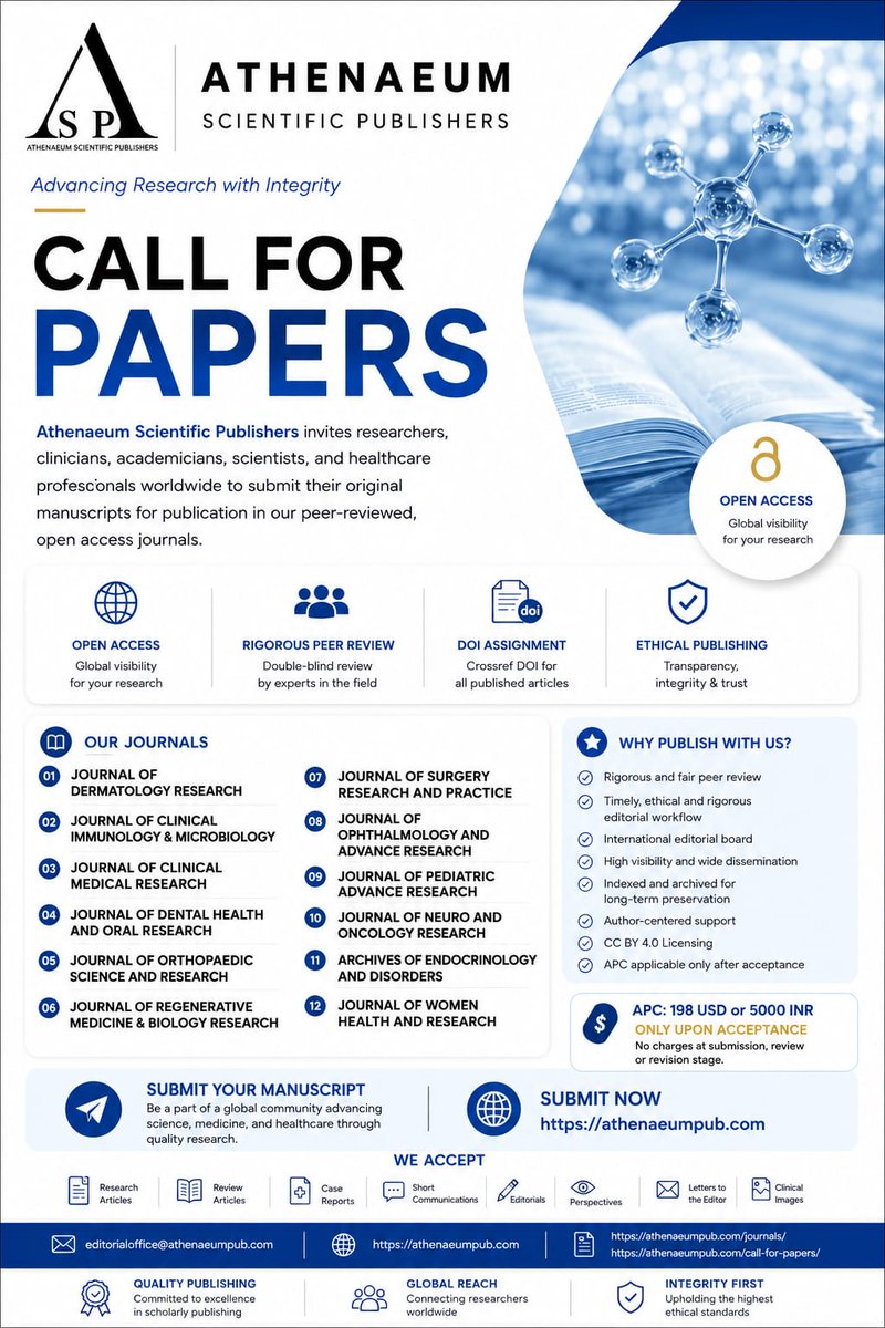 JRegenerative's tweet photo. 📢 Call for Papers – Athenaeum Scientific Publishers
✔ Open Access Publishing
✔ DOI Assignment
✔ Rigorous Peer Review
✔ Rapid Editorial Decision
Share your research with a global audience and contribute to scientific advancement.
Submit your manuscript today.
#CallForPapers https://t.co/ZlzHPTxQqa