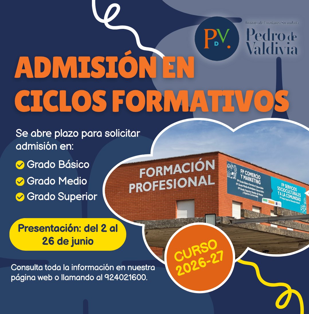 iespedro's tweet photo. https://t.co/wz6aF8Zdi9 Se abre el plazo para solicitar la admisión en Ciclos Formativos de Grado Básico, Medio  y Superior de todos los centros educativos donde se imparte este tipo de enseñanzas #iespedrodevaldivia #formaciónprofesional https://t.co/6Mw9Uxr6Ir