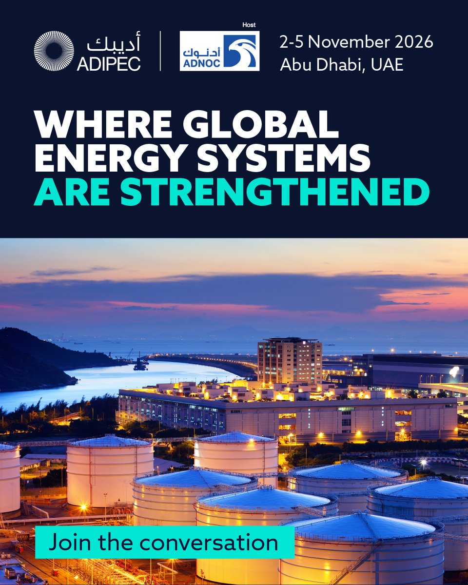ADIPECOfficial's tweet photo. Energy systems are central to the continuity of global markets and industries.

Across regions, supply chains and connected infrastructure, reliable delivery supports productivity, movement and economic performance. Maintaining this requires resilient systems and effective coordination across the full energy value chain.

ADIPEC will bring together the global energy ecosystem to strengthen collaboration and reinforce secure energy flows worldwide.

Join the conversation at ADIPEC, 2-5 November 2026 in Abu Dhabi: https://t.co/XVnI2bw2ds

#ADIPEC #ADNOC #EnergyResilience #GlobalEnergy #EnergySystems