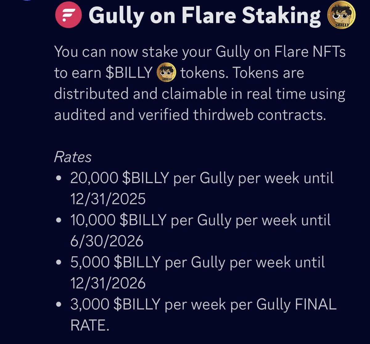 Gully_Flock's tweet photo. The great $BILLY slashing has happened. Your Gully’s on flare-networks:native will now print 5,000 tokens per week until 12/31/2026. $BILLY is building and becoming more scarce. His future is in your hands Flock! 
#GetGully #FlareNetwork https://t.co/hNLinyDWhq