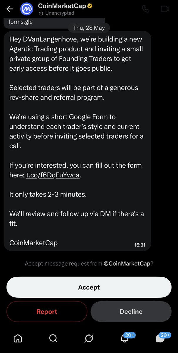 DVanLangenhove's tweet photo. The official @CoinMarketCap account, with 7M followers, is trying to scam me. It’s been four days and no mention on their profile about being hacked.

What’s going on here? https://t.co/g7cXWvuPSI