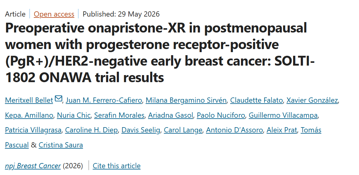 _SOLTI's tweet photo. ¡Buenas noticias para abrir la semana!🎉

El estudio SOLTI-1802 ONAWA acaba de publicarse en @NaturePortfolio NPJ Breast Cancer.

Este trabajo académico, liderado por la Dra. @BelletMeritxell y desarrollado por investigadores de SOLTI, demuestra que onapristone-XR consigue reducir la proliferación tumoral en pacientes con cáncer de mama precoz HER2 negativo y receptor de progesterona positivo, con un efecto especialmente marcado en tumores con elevada expresión de PgR.

Los hallazgos respaldan la necesidad de seguir explorando estrategias terapéuticas dirigidas al receptor de progesterona en cáncer de mama.

🔗 https://t.co/DweSfw2Bua

@BelletMeritxell, @ferrero_cafiero, @MilanaBeSirven, @ClaudetteFalato, Xavier Gonzàlez, Kepa Amillano Parraga, Núria Chic, Serafin Morales, @G_Villacampa, @patri0608, @prat_aleix, @TomasPascualMD, @ManichSaura, @VHIO, @hospitalclinic 

#beSOLTI