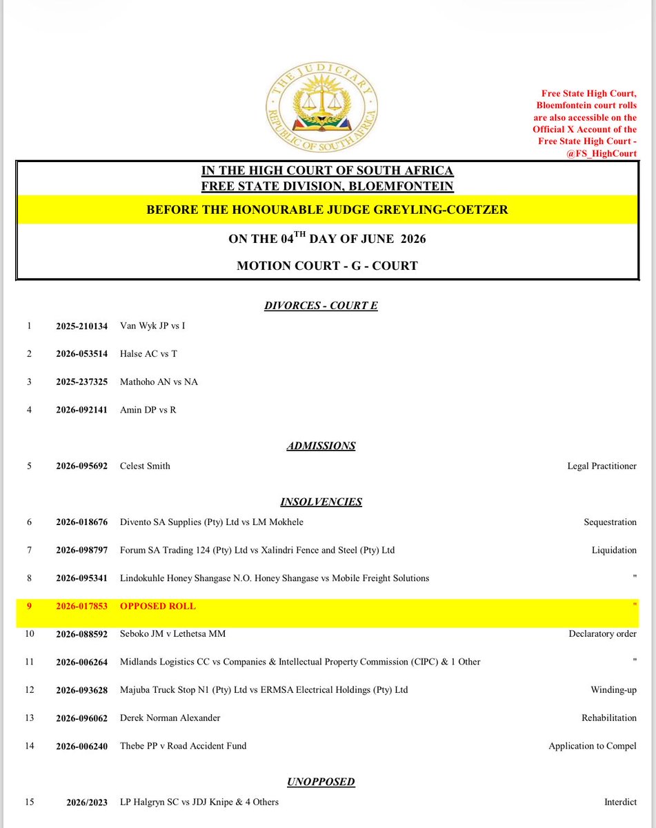 FS_HighCourt's tweet photo. Motion Court Roll
04 June 2026. https://t.co/07T6FoRMId