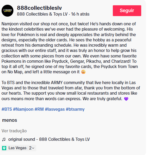 KNJsSource's tweet photo. 888 Toys LV mentioned #RM 

“Namjoon visited our shop not once, but twice! He's hands down one of the kindest celebrities we've ever had the pleasure of welcoming. His love for Pokémon is real and deeply appreciates the artistry behind the designs, especially the older cards. He sees the hobby as a peaceful retreat from his demanding schedule. He was incredibly warm and gracious with our entire staff, and it was truly an honor to help grow his collection with some pieces from our own. We even have some favorite Pokemons in common like Psyduck, Gengar, Pikachu, and Charizard! To top it all off, he signed one of my favorite cards, the Psyduck from Town on No Map, and left a little message on it.”

🔗https://t.co/ZZ0c9hC0af