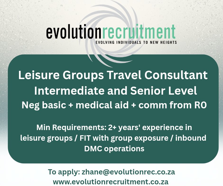 RecruitEvolve's tweet photo. Leisure Groups Travel Consultant, Intermediate and Senior Level. Cape Town.  Negotiable basic + medical aid + commission from R0.

Full job spec and to apply:  https://t.co/aap44S4AzM

#travelconsultant #travelagent #recruitmentagency #recruitmentconsultant https://t.co/GPcOpGNLMv