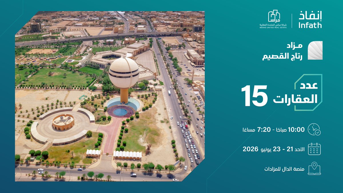 AlDal_sa's tweet photo. 🎙 | إعلان
تعلن #مراس_المتحدة_العقارية
عن طرح مجموعة من #العقارات
للبيع بالمزاد العلني الإلكتروني

#مزاد_رتاج_القصيم

📍 مناطق المزاد:
#القصيم

تحت إشراف مركز الإسناد والتصفية
#إنفاذ

وبقرار من محكمة التنفيذ ⚖️

عبر منصة الدال:

https://t.co/kYDPKRX8xQ

#الدال_للخدمات_العقارية https://t.co/q4oU1L2g8O