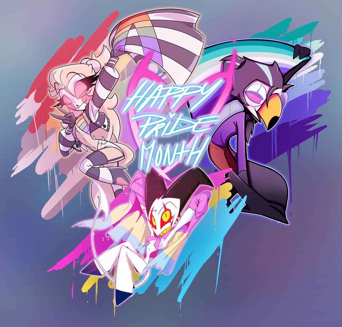 Nastimp's tweet photo. Happy Pride Month ❣️🏳️‍🌈 
To celebrate, my friends @nemjone , @flugubleue and I put together a colorful art collaboration featuring our original characters ✨️ https://t.co/lYKNxEjAmy
