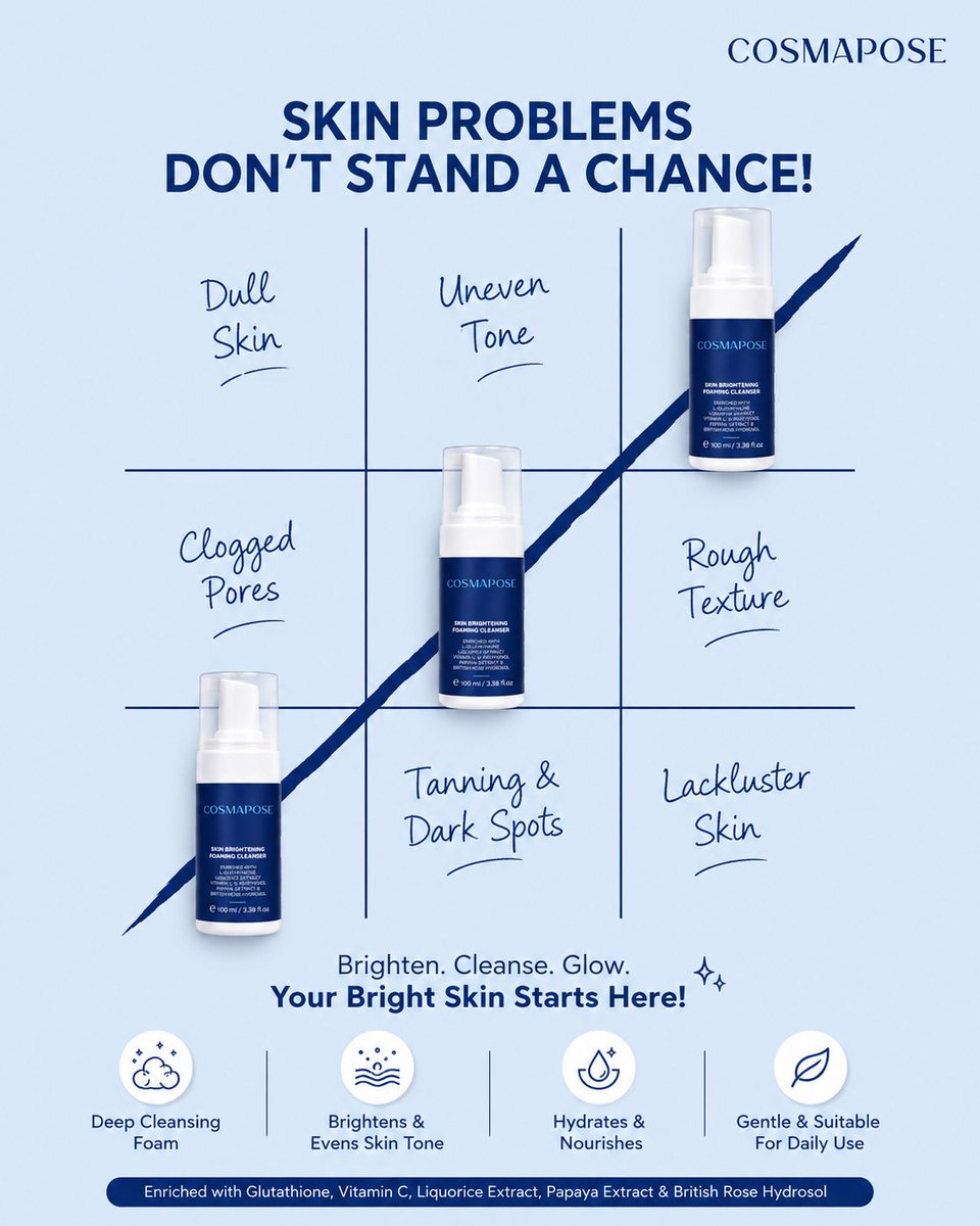 cosmapose's tweet photo. Skin concerns holding you back? Not anymore. 💙
Meet the Cosmapose Skin Brightening Foaming Cleanser powered by a potent blend of Glutathione, Vitamin C, Liquorice Extract, Papaya Extract &amp; British Rose Hydrosol to help cleanse, brighten, and refresh your skin with every wash. https://t.co/uZWWaj0h5a