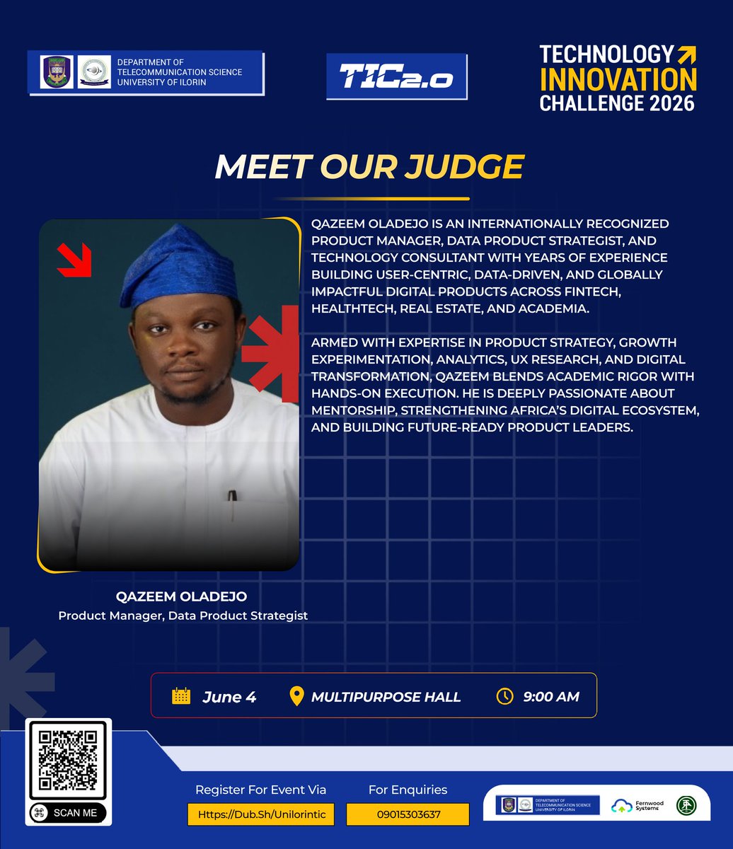 tic_uil's tweet photo. Meet our next TIC 2.0 Panelist: Qazeem Oladejo @MohhamedQazeem, Global PM & Data Strategist! π₯
Get ready for top-tier insights on product strategy and analytics. π
π Multipurpose Hall | June 4 | 9:00 AM
ποΈ https://t.co/a2mFih4aqR
#TIC2.0
#TechPanelist
#BuildForHere https://t.co/JHL8vUSSPx