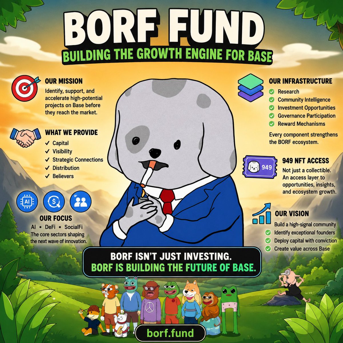 BigJoe75z's tweet photo. Most funds deploy capital.

@BORFSTRATEGY is building an ecosystem.

A Base-native investment fund designed to identify, support, and accelerate high-potential projects before they reach the broader market.

That's a much bigger vision than simply investing.

@BORFSTRATEGY understands that early-stage builders need more than funding.

They need visibility.

They need strategic connections.

They need distribution.

They need believers.

@BORFSTRATEGY aims to provide all four.

The fund's focus on AI, DeFi, and SocialFi isn't random.

These sectors sit at the center of crypto's next growth cycle.

@BORFSTRATEGY is positioning itself where innovation is most likely to emerge.

What stands out is the infrastructure being built around the fund.

Research.

Community intelligence.

Investment opportunities.

Governance participation.

Reward mechanisms.

Every component is designed to strengthen the network.

The 949 NFT collection plays a critical role.

It's not being positioned as a collectible.

It's being positioned as an access layer connecting community members to opportunities, insights, and ecosystem growth.

The long-term vision appears clear:

Build a high-signal community.

Identify exceptional founders.

Deploy capital with conviction.

Create value across the Base ecosystem.

BORF isn't trying to be another crypto project.

It's trying to become a growth engine for Base itself.

@BORFSTRATEGY @base @asal_alizade
#BORFBORFWRITINGCONTEST