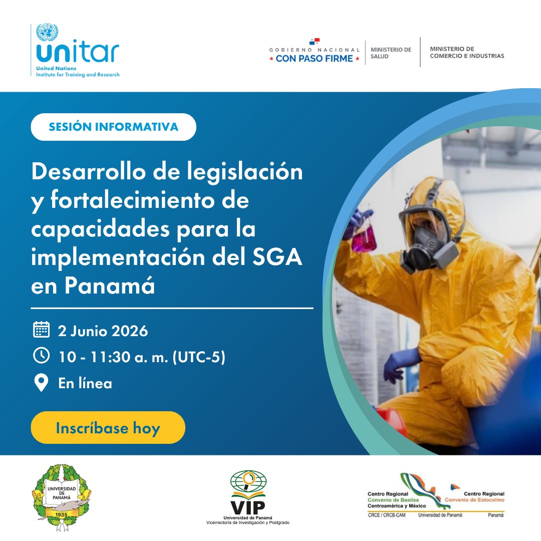 UNITAR's tweet photo. Participe en nuestro seminario web sobre el desarrollo del #SGA en Panamá con la @UNIVERSIDAD_PMA y @CiimetF.

📅 2 junio 2026
🕙 10–11:30 a. m. (UTC-5)
💻 En línea

Regístrese aqui ➡️ https://t.co/G1vF04bGo6 https://t.co/fiICKbw9sA