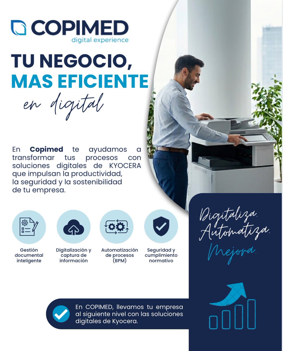 Copimed_es's tweet photo. En Copimed te ayudamos a transformar tus procesos con soluciones de Kyocera que impulsan la productividad, seguridad y sostenibilidad de tu empresa.

¡Digitaliza, automatiza y mejora! 📈

#Kyocera #TransformacionDigital #Copimed #Eficiencia https://t.co/LWjNYwl6hm