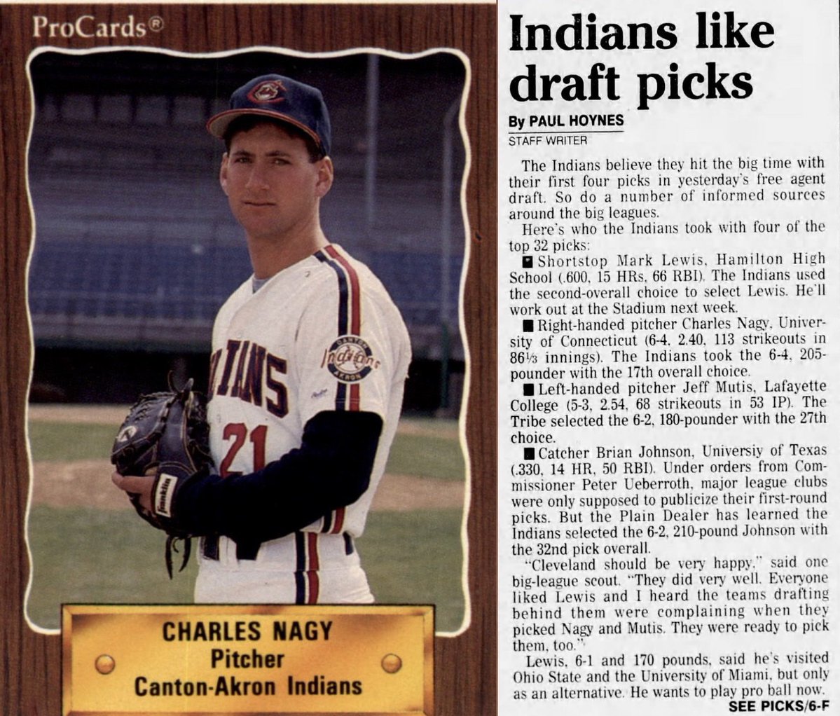 MrCleveland_216's tweet photo. June 1, 1988: Building a Team⚾️

1988 MLB Draft was a good one for the Indians…

…but not b/c of #2 pick Mark Lewis, but rather 17th pick P Charles Nagy 

Tribe got that pick as compensation for losing OF Brett Butler

Nagy 13 solid yrs in CLE: 129 Ws, 3x AS, CLE HoF 

#Chuck https://t.co/FsYpvR7iqy
