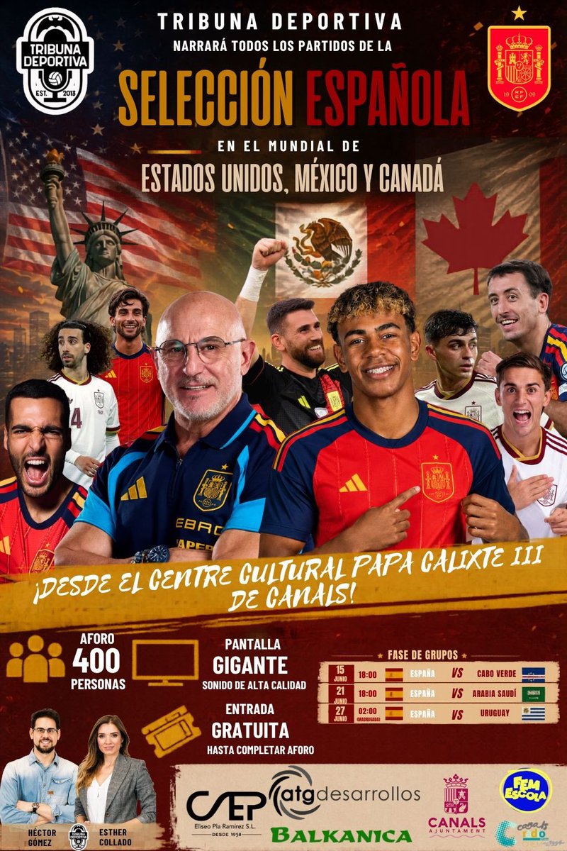 TribunaVCF's tweet photo. 🚨 𝗡𝗢𝗧𝗜𝗖𝗜𝗔 𝗠𝗨𝗡𝗗𝗜𝗔𝗟 𝟮𝟬𝟮𝟲 🇺🇸🇲🇽🇨🇦

🎙️ @TribunaVCF narrará todos los partidos de la @SEFutbol 

📍 Centre Cultural Papa Calixt III de 𝐂𝐀𝐍𝐀𝐋𝐒
🫂 Aforo máximo de 400 personas
📺 Pantalla gigante con sonido de alta calidad
🎟️ Entrada gratuita

📻 Dirigido por @Generaldepie_ y @estherkollado