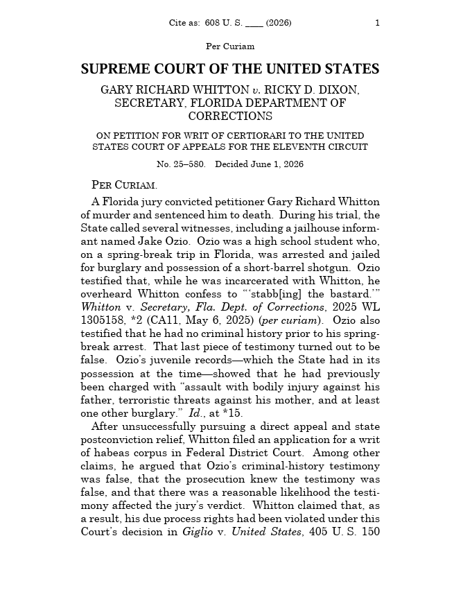scotus_wire's tweet photo. 🚨 The Supreme Court revives a Florida death-row inmate’s challenge to his conviction, ruling a federal appeals court improperly relied on DNA evidence that jurors never saw when deciding whether trial errors mattered. The case now goes back to the Eleventh Circuit. https://t.co/blLQikf8VU