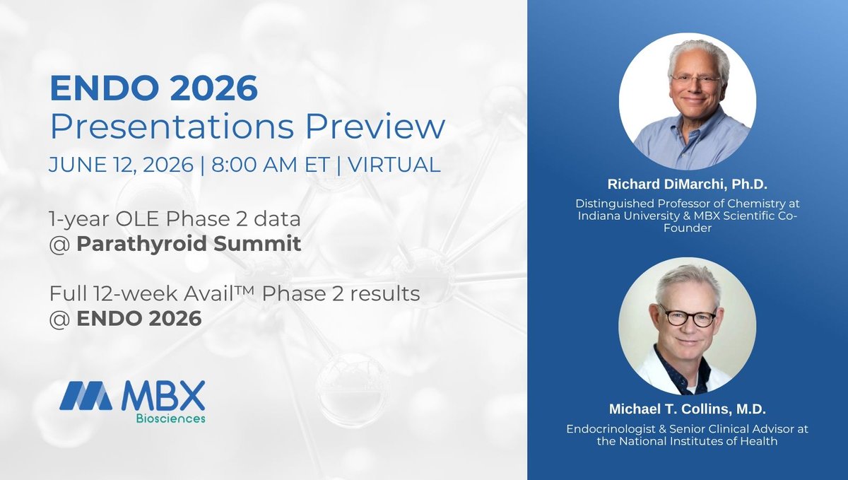 MBXBio's tweet photo. MBX to host investor webcast June 12 (8am ET) ahead of #ENDO2026 in Chicago, highlighting Phase 2 data in hypoparathyroidism.
• 1-year OLE data (June 12)
• Full 12-week results (June 13)
Join: https://t.co/6AbX9CY23k https://t.co/S3GLvj05EZ